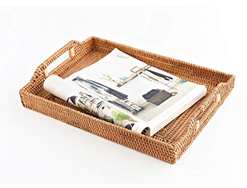 Hand-Woven Rattan Rectangular Serving Tray with Handles for Breakfast, Drinks, Snack for Coffee Table (14.5x10.2x1.4inches) - size: 14.5x10.2x1.4inches
