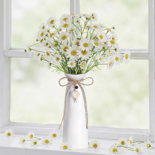 8 Inch Ceramic Vase with Jute Rope & Heart Charm, Elegant White Decorative Vase for Home Décor & Table Centerpieces - style: Slim