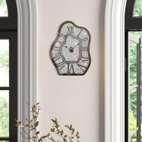 Modern Wall Clock for Living Room Decor Silver Crystal Crush Diamond Mirrored Clocks Irregular Mirror Clock Unique Wall Decorative for Bedroom Kitchen Dining Room - style: Cloud
