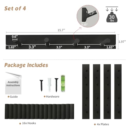 Forbena Black Coat Rack Wall Mount 4-Pack, Rustic Farmhouse Coat Hooks for Wall, Vertical Hanging Hat Rack for Office, Bedroom, Closet, Small Spaces, Kids Room Clothes, Entryway Shoes - 16 Pegs - color: Bamboo Black