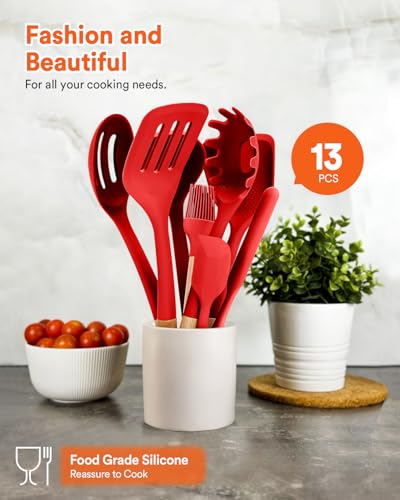 Kitchen Utensils Set, 13PCS Silicone Cooking Utensils, Heat Resistant Kitchen Utensil Spatula Set for Nonstick Cookware, Wooden Handles Kitchen Gadgets Tools Set (RED) - color: Red