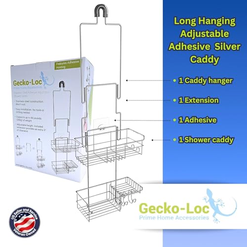 Gecko-Loc Extra-Long Adjustable Over-the-Showerhead Shower Caddy – Rustproof Stainless Steel Organizer with Suction Stabilizer, Deep Basket & Hooks – No-Drill, Tool-Free Installation (Silver) - color: Chrome