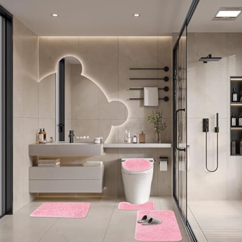 4 Piece Non Slip, Toilet Lid Cover and Contour Mat, Bath Mats Shower Mats Bath Rug Mat for Tub Toilet Bathroom (Pink) - color: Pink