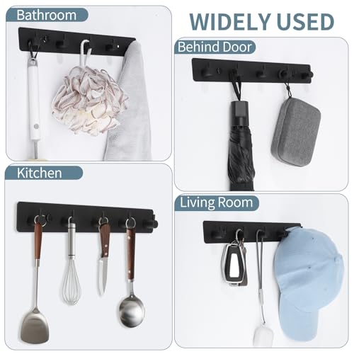 Wall Mount Coat Rack, 5-Hook Metal Towel and Hat Hook, Black | Adhesive Or Screw Mount, Rounded Smooth Hooks, Sturdy Metal, For Towels, Coats, Hats, Bags - style: "T" shape