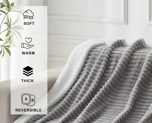520GSM Sherpa Fleece Throw Blanket, Heavyweight Double Layer Striped Plush Blanket for Couch Sofa Bed, Soft Warm Reversible Fuzzy Flannel Throw, Oeko-TEX Certified, 50x60 Inches, Grey