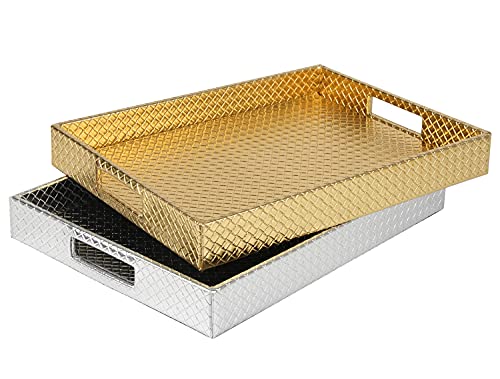 HofferRuffer Rectangle Serving Tray with Hole Handles for Coffee Table, Breakfast, Tea, Food, Butler - Countertop, Kitchen, Vanity Serve Tray, 16.2 x 12.2 x 2 inches, Faux Leather (Gold) - color: Gold