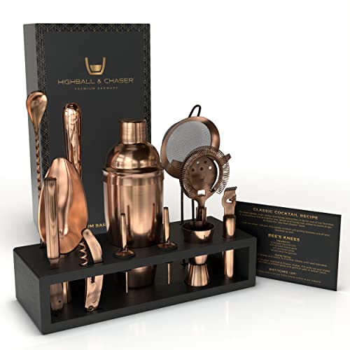 Highball & Chaser Bartender Kit with Espresso Bamboo Stand. Beautiful Cobbler Cocktail Shaker Set with Bar Tools Rustproof Stainless Steel Bar Set (Antique Copper) - color: Copper