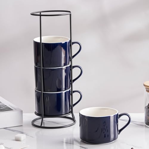 10oz Porcelain Stackable Coffee Mugs and Metal Stand Set of 4, Espresso Cups Set for Hot Drinks, Cappuccino, Tea-Blue - color: Navy