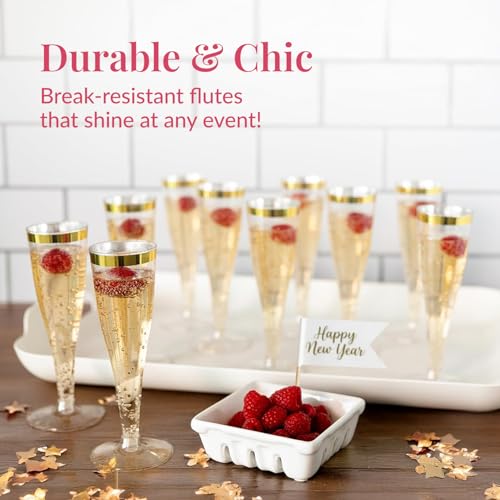 Prestee 48 Disposable Plastic Champagne Flutes With Gold Rim Glitter - Clear Toasting Glasses for Mimosa, New Year’s Eve Party, and Elegant Celebrations - Premium Quality Disposable Stemware - color: Gold Rimmed, size: 48 Count (Pack of 1)