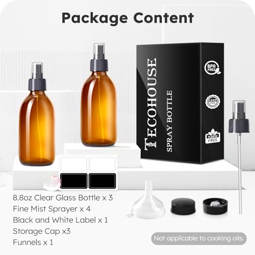Tecohouse 8.8 oz Amber Glass Spray Bottles 3 Pack Empty Spray Bottle | Leakproof, Thick Glass, Non-Slip Base, Glass Bottles for Cleaning Solutions, Plants, Hair with Durable Nozzle, Labels, Funnel