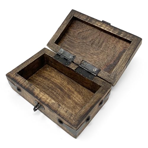 Treasure Chest Wooden Box with Antique Iron Lock and Skeleton Key (X-Small 5 x 3 x 2) - Storage and Decor – Pirate Wooden Treasure Chest, Decorative Box with Hinged Lid, - size: X-Small 5 x 3 x 2"