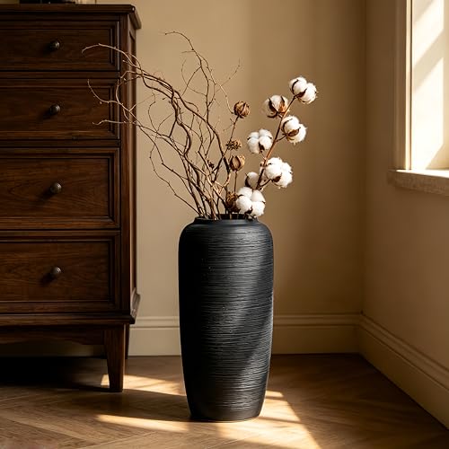 Black Rustic Ceramic Floor Vase, 15.7 Inch, Ribbed Texture | Living Room, Entryway, Fireplace, Pampas Grass, Dried Branches - size: 15.7 Inch