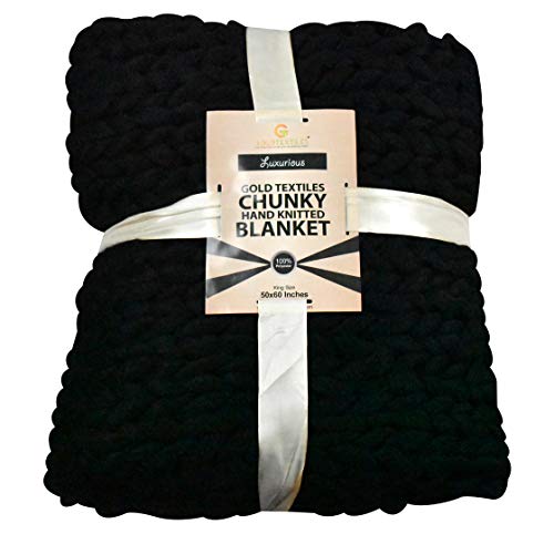 Chunky Knit Blanket (50 x 60 Inches) Warm Soft Cozy for Lounge Sofa & Bedroom, Handmade Knitted Yarn Throw Blanket (Black, 1) - color: Black