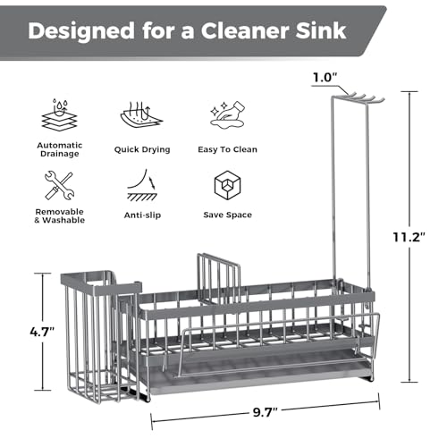 Kitchen Sink Organizer, Stainless Steel Sponge Holder, Silver | Rust-Resistant Steel, Detachable Draining Board, Compartment Divider, Brush Holder & Towel Bar, Ideal for Kitchen Storage - color: Silver