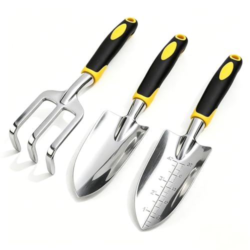 Stainless Steel Garden Tool Set,3 Pieces, Including Hand Shovel & Transplant Shovel & Hand Rake with Non-Slip Soft Ergonomic Handle (Yellow) - color: yellow