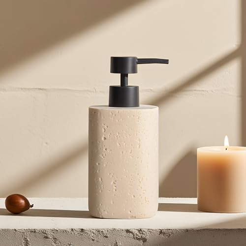 Clasin Home 2 Pack Beige Resin Soap Dispensers, Refillable Liquid Lotion Dispenser Bottles with Travertine-Look for Bathroom and Kitchen Countertop, Modern Stone Texture (10.8 oz) - color: Beige