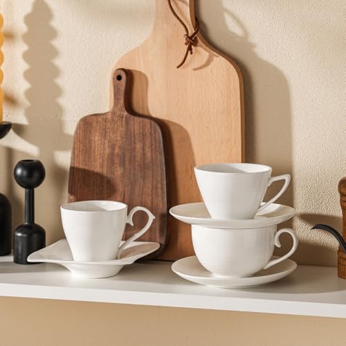 12 oz Cappuccino Cups with Saucers, Ceramic Espresso Coffee Cups Set of 4, White Latte Cup and Saucer, Elegant Tea Mugs Set, Microwave Dishwasher Safe Drinkware for Cafe, Housewarming Gift - color: A - 12oz
