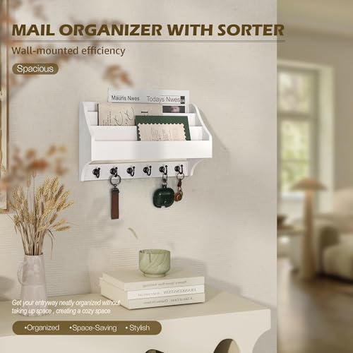 Rebee Vision Mail Organizer Wall Mounted with 6 Key Hooks for Office, White | Pine Wood, Key Holder Wall Mount, Mail Holder, 3-Tier Letter Slots, key Hanger, Entryway Storage, Apartment Rustic Aesthetic - color: White