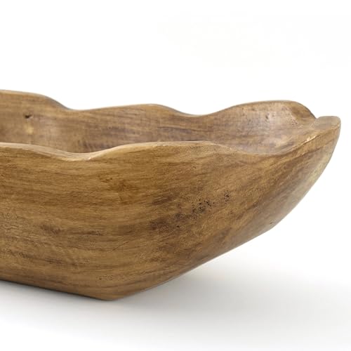 Indoor Carved Mid-Tone Brown Paulownia Wood Decorative Dough Bowl, 15.2" Rustic Farmhouse Centerpiece Bowl for Home Table Living Room Decor, 2026 Home Essential