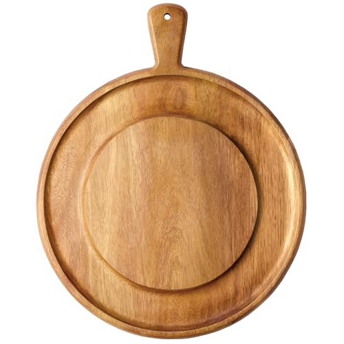 Charcuterie Board - Round Acacia Wood Cutting Board for Kitchen with Groove & Handle, Cheese Board for Vegetables, Bread, Fruits, Meat - Decorative Wooden Serving Tray House Warming Gift - size: 16"L x 13"W