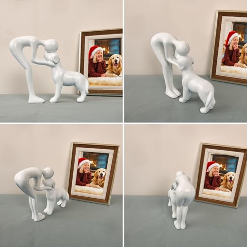 Abstract Person and Dog Sculpture Head-to-Head Figurine White | abstract sculpture celebrating the bond between person and pet. Intimate head-to-head Touching memory keepsake for dog lovers - color: White
