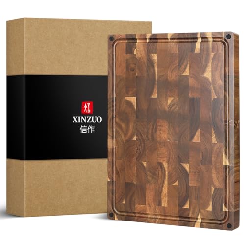 XINZUO Large Thick End Grain Acacia Wood Cutting Board- (19''L x 14''W x 1.5''T) Reversible Wooden Chopping Board with Non-Slip Feet, Built-in Handles and Juice Groove- Butcher Block Cutting Board - size: 19"L x 14"W