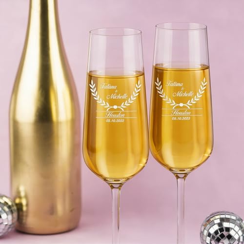 Personalized Champagne Flutes for Wedding – Engraved Glasses for Bride and Groom, Custom Names & Date, Wedding Toast Glasses - (Set of 2 or Single) (Champagne Design 1) - color: Champagne Flutes-D1