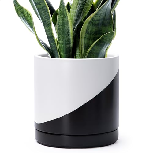 D'vine Dev 10 Inch Ceramic Planter Pot, Black White Diagonal, 94-O-E-K | Modern Cylinder Design, Drainage Hole & Saucer Included, Stable Structure, Elegant Home Accent - color: Oblique Monochrome Black & White, size: Large