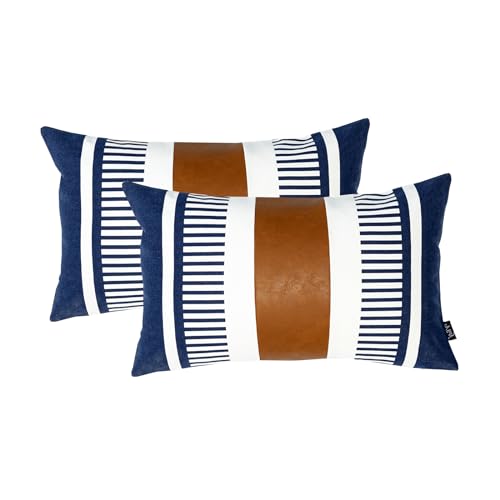 Set of 2 Navy Blue and White Stripe Throw Lumbar Pillow Covers 12x20 inch,Faux Leather Modern Accent Boho Cushion Cover for Couch Living Room Bedroom - color: Navy Blue, size: 20" x 12" (Pack of 2)