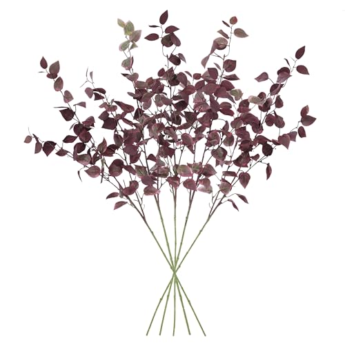 5PCS Artificial Fall Eucalyptus Leaves Stem Plants, 32.7 inch Fake Leaves Autumn Greenery Branches Burgundy Shrubs Silk Faux Foliage DIY Stems for Thanksgiving Festival Home Kitchen Farmhouse - color: Burgundy
