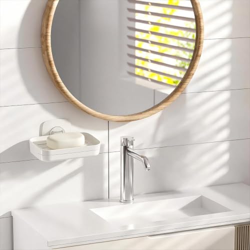 Soap Dish for Shower White Soap Holder with Strong Adhesive(1Pack) | No drilling self-draining design pull-out drip tray perfect for rv bathrooms & kitchens—keeps soap dry mess-free easy clean - color: White