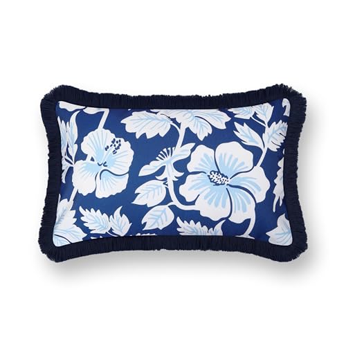 Hofdeco Premium Coastal Patio Indoor Outdoor Lumbar Pillow Cover Only, 12"x20" Water Repellent for Backyard, Couch, Navy Baby Blue Print Tropical Hisbucs Flowers - color: Navy Baby Blue Tropical Hisbucs Flowers 12"x20"