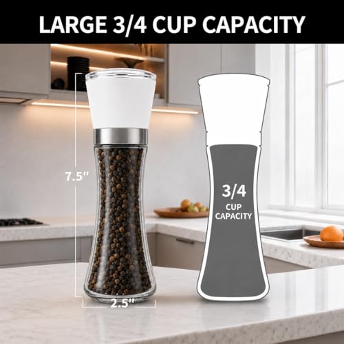 Premium Salt and Pepper Grinder Set of 2, 6 oz Refillable Glass Salt and Pepper Shakers with Adjustable Ceramic Grinder, Manual Pepper Mill Set Includes Funnel & Cleaning Brush, Transparent Lid - color: White, size: 2.5"W x 7.5"H