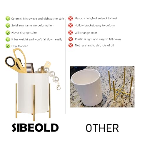 2pcs Sturdy Cutlery Holder White Ceramic With Metal Bracket Robust Silverware Caddy For Countertop - Spoon Holder Silverware Caddy - color: Gold white, size: S