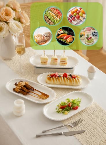 12 Inch Porcelain Serving Platters, White Ceramic Trays, Set of 6 | Oval Serving Plate with Beaded Edge, For Steak, Taco, Sushi, Appetizer, Cake, Dishwasher & Oven Safe