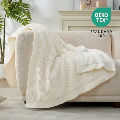 Reversible Waffle Weave Throw Blanket, Chenille Knit with Warm Sherpa, Soft Cozy Blanket for Couch, 50"x60", Ivory - color: Waffle-ivory