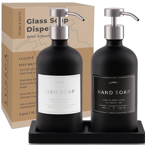 Glass Soap Dispenser Set of 2 (Black) with Silicone Tray | Hand and Dish Soap Dispenser for Kitchen and Bathroom | 16.8 Oz Glass Bottles with Stainless Steel Pump & 15 Waterproof Labels (Black/Silver) - color: Black/Silver