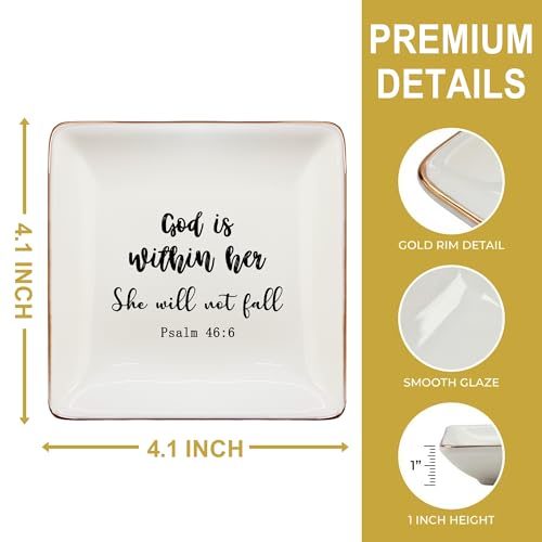 Christian Jewelry Dish Tray, God Is Within Her Bible Verse Ceramic Jewelry Tray for Rings Earring Bracelet Necklace, Christian Gifts for Women, Religious Gifts Trinket Dish for Women