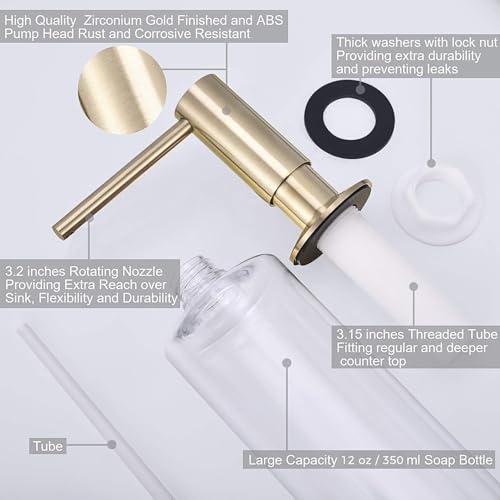 Samodra Sink Soap Dispenser, Metal Pump Head Liquid Lotion Countertop Kitchen Bathroom Soap Dispenser with 12 OZ PET Bottle - color: Brushed Gold