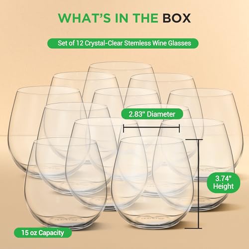 NutriChef 15 oz Stemless Crystal Wine Glasses, Set of 12 Elegant Glasses for Red or White Wine, Ultra-Thin, Lead-Free, Dishwasher Safe, Seamless Bowl Design for Dining, Parties & Bars - style: Elegant