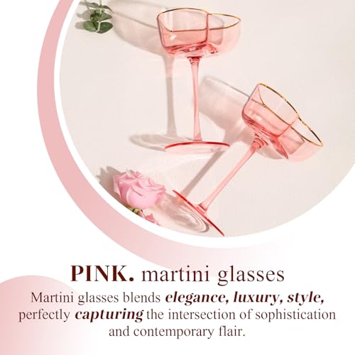 Pink Coupe Glasses Set of 2, Heart-Shaped Martini Glasses with Golden Rim, Fancy Manhattan, Cosmopolitan, Sidecar Cocktail Glassware for Wedding, Mothers Day, Birthdays, Anniversary- 8oz - size: 2 Count(Pack of 1)