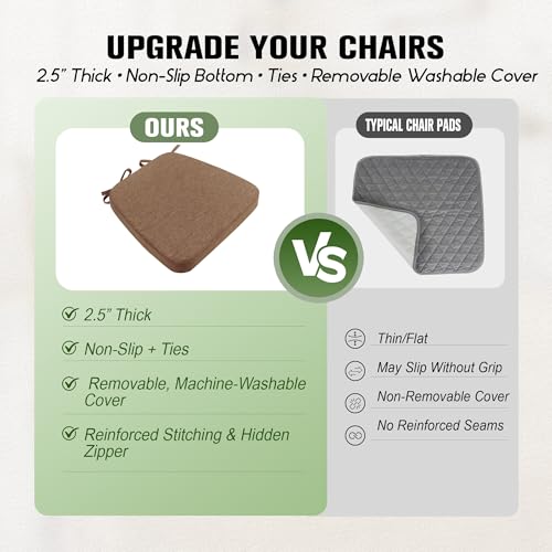 kingphenix Chair Cushions for Dining Chairs, Set of 6, 2.5 Inches Thick | High-Density Foam Kitchen Chair Cushions with Ties, Non-Slip Bottom and Removable Machine-Washable Covers, 17 x 16 in, Brown - color: Brown, size: 6 Count(Pack of 1)
