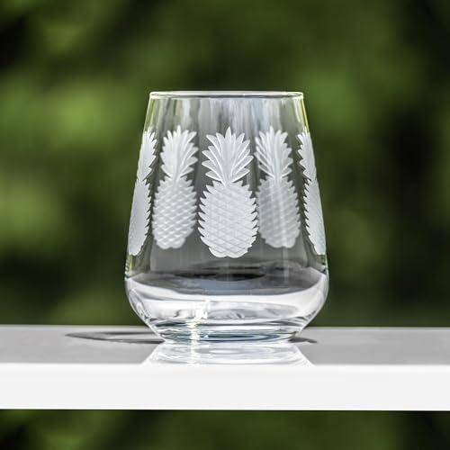 Rolf Glass Fresh Pineapple Stemless Wine Glass | 15.75oz Stemless Tumblers | Lead-Free and Diamond-Wheel Engraved | Tropical Coastal Etched Glassware with Pineapple Design | Set of 4 - color: Stemless, size: Set of 4