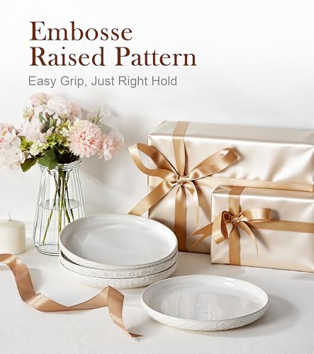 Lareina Salad Plates 8 Inch, Ceramic Plate Set for Kitchen, Embossed Serving Plate, Microwave Oven Dishwasher Safe, For Housewarming or Wedding, Scratch Resistant-Set of 4, Ivory White - size: 8 inch
