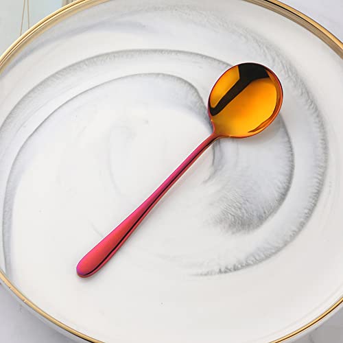 Round Stainless Steel Bouillon Spoons Soup Spoons, Stainless Steel Large Round Spoons, Heavy-Weight Round Deep Bowl Spoon Set, Dinner Metal Spoons for Soup Grain Dessert Milk - size: 4 pcs Red Orange