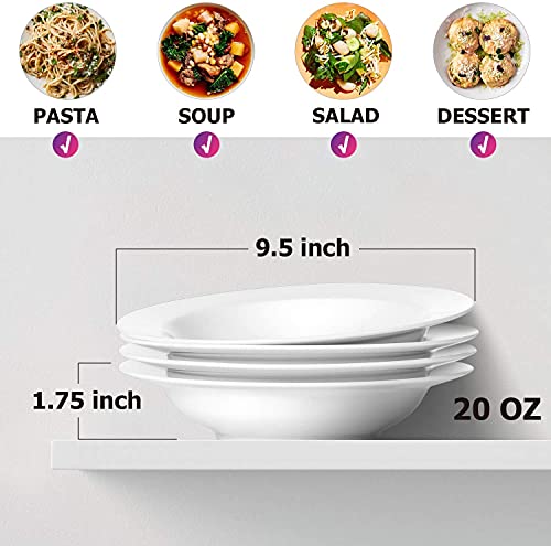 Y YHY Soup Bowls, Pasta Bowls Set of 4, White Salad Bowls and Plates, 20 Ounces Porcelain Wide Rim Bowls, Microwave and Dishwasher Safe, Christmas Gift | Porcelain, 1.75-Inch Deep, Stackable, Microwave, Oven and Dishwasher Safe, for Pasta, Soup, Salad, St