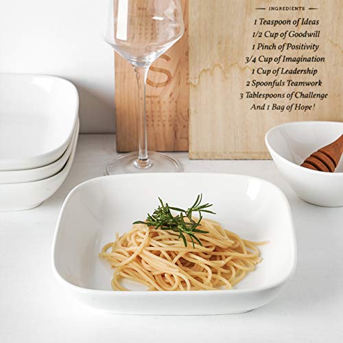 Selamica Porcelain 8-inch Square Dinner Plates, Pasta Salad Bowls, Set of 6, White - color: White