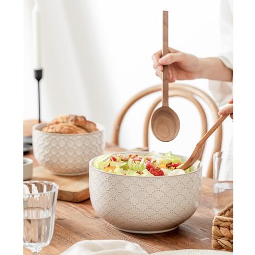 Mikiegy Ceramic Mixing Bowls Set of 2, Nesting Ceramic Embossment Stoneware Mixing Bowls for Cooking, Serving, Popcorn, Salad etc, Microwave & Dishwasher Safe, 44/98 oz, Off-White - size: 44&98 oz