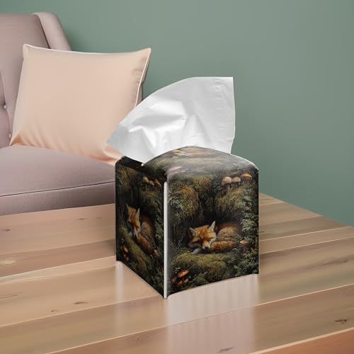 Sleeping Fox Tissue Box Cover, 5.2 Inch PU Leather Square Holder | PU leather tissue box cover with sleeping fox woodland design, hand-stitched detail, and removable liner for home or office. - color: Sleeping Fox