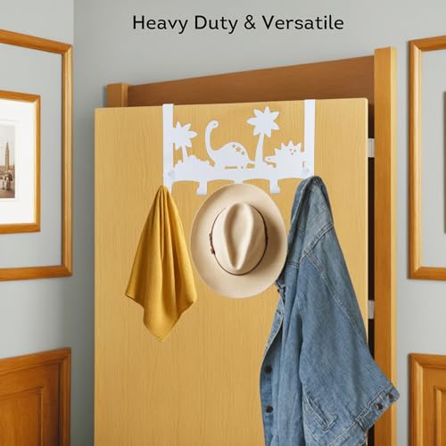 Lily's Home Dino Design Over the Door Hooks - White Behind Door Hanger with 5 Hooks for Clothes & Towels - Easy Install Coat Rack Load 11 Lb. - 14.96" Wide - Ideal for Kids' Rooms & Bathrooms
